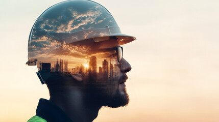 Poster - Double exposure portrait of construction engineer wearing safety helmet and imagining future city during sunset