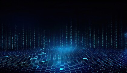 Leinwandbilder - abstract digital futuristic landscape with glowing blue binary code on a hexagonal grid surface