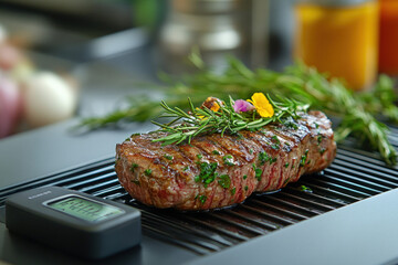 Wall Mural - A food temperature probe in a steak, modern and technical, culinary theme