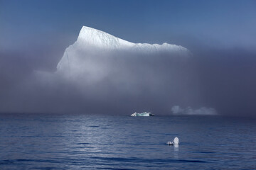 Wall Mural - giant iceberg with the tip picked out in sunlight and much of the base hidden by low cloud. hall bre