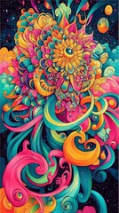Wall Mural - psychedelic floral mandala in vibrant colors against a cosmic background