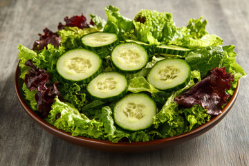 Wall Mural - a big bowl of fresh green salad with a variety of  greens and cucumber slices