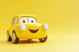 Joyful cartoon car character with bright yellow exterior set against a cheerful yellow background