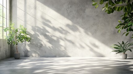 Fototapete - A serene studio environment features lush greenery beside a textured white cement wall
