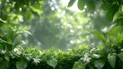 Lush green foliage, sunlight bokeh, rainforest background; nature website banner
