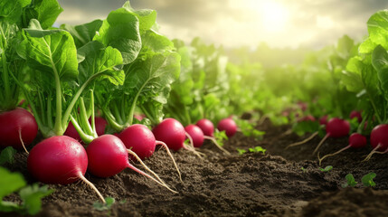 Wall Mural - serene landscape of radish field in full bloom, showcasing vibrant red radishes nestled in rich soil under warm, glowing sky