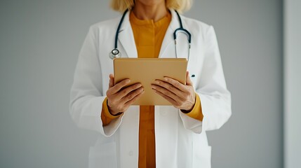 Female doctor in a white coat holding a tablet, standing in a modern medical office