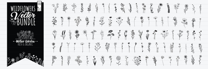 Collection of minimalistic simple floral elements. Flower vector. Flower Bundle Wildflowers Graphic sketch. Fashionable tattoo design. Flowers, grass and leaves. Botanical natural elements. 