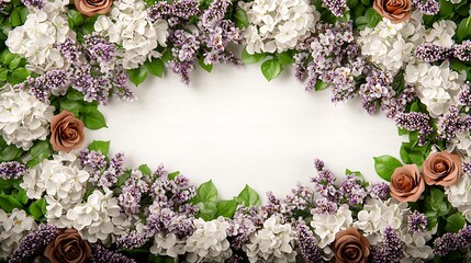 Wall Mural - Floral arrangement featuring white hydrangeas, purple lilacs, and brown roses on a wooden background