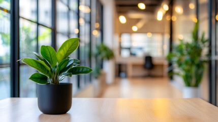 Poster - Green succulent growing in sleek black ceramic pot resting on rustic wooden surface near large sunlit windows