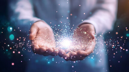 Poster - Businessman cupping glowing energy sphere radiating digital particles between palms