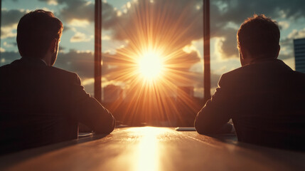 Poster - Two businessmen sitting at table looking at sunset through office window after business meeting