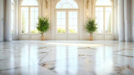 Poster - Sunlight illuminating elegant white marble floor reflecting bright light in luxury neoclassical style palace with large windows and potted plants