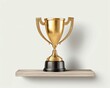 © จิรายุทธ แถบเงิน - A shining gold trophy displayed elegantly on a wooden shelf, symbolizing achievement and success.