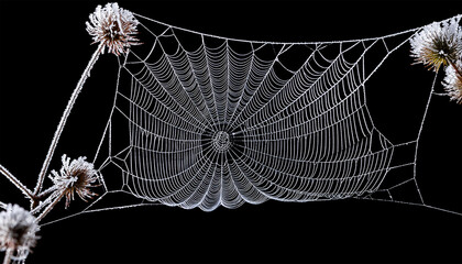 Wall Mural - real frost covered spider web isolated on black