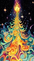 Wall Mural - psychedelic christmas tree in a cosmic landscape