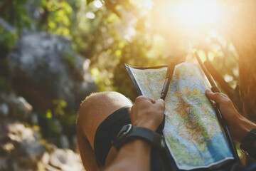 Fototapete - A hiker pauses on a verdant trail to examine a detailed map, illuminated by the soft light of the setting sun filtering through the trees. Generative AI