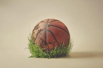 Poster - A Brown Basketball Resting in Green Freshly Cut Grass