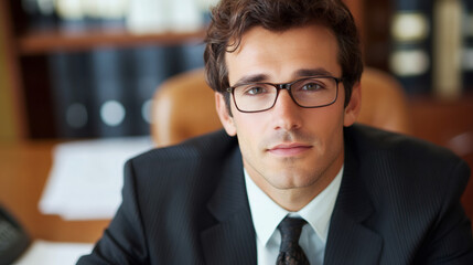 Canvas Print - Serious businessman wearing a suit and glasses, sitting confidently in his office, exuding professionalism and focus on his work