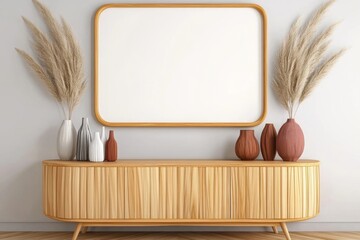 Poster - A large, blank wooden frame is hanging on the wall above an elegant oak sideboard with several vases and pampas grass in one corner of it. The room has a modern Scandinavian feel to its design,