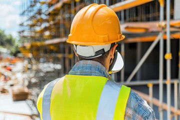 A construction worker wearing safety equipment, including a hard hat and vest, against a construction backdrop, promoting safety awareness on the job site and personal protective equipment.