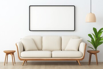 Aufkleber - A minimalist living room with an empty frame on the wall, featuring soft beige and white tones. The space includes marble accents for elegance, large windows allowing natural light to illuminate