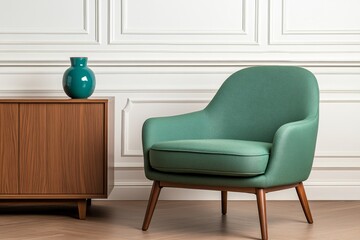 Poster - A photo of a large wall with empty space for a mockup. In the center, there is an elegant light green armchair and a coffee table. The room has a beige, vintage style, with white walls and a