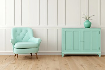 Poster - A photo of a large wall with empty space for a mockup. In the center, there is an elegant light green armchair and a coffee table. The room has a beige, vintage style, with white walls and a