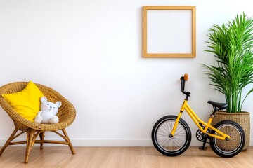 Poster - A photo of three wooden picture frames on the wall in an empty room with white walls, light wood floor and soft sunlight coming through the window, there is a rattan chair with cute animal pillows