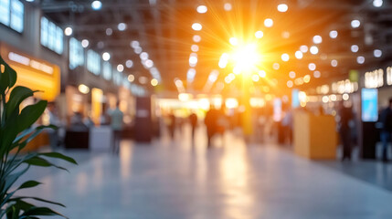 Aufkleber - Blurred business people are walking in a luminous corridor of an exhibition center with a plant in the foreground