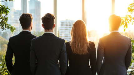 Canvas Print - Four businesspeople gazing out a large window, admiring a vibrant sunset over a stunning city skyline, envisioning future success together