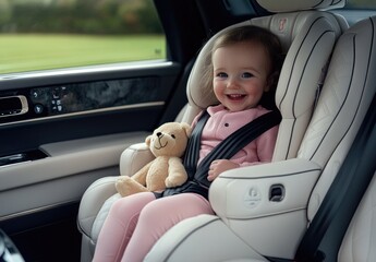 Wall Mural - The child is sitting in the car seat, holding her teddy bear and laughing happily as she sits in it.