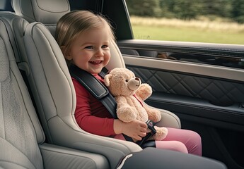 Wall Mural - The child is sitting in the car seat, holding her teddy bear and laughing happily as she sits in it.