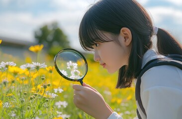 Poster - A Japanese high school girl looks at the flowers of rapeseed with a magnifying glass in her hand, side view, wearing a white shirt