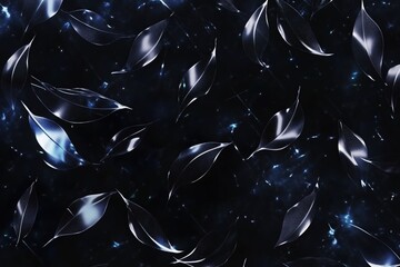 a dark background featuring a pattern of glossy, metallic leaves in various shades of blue and silve