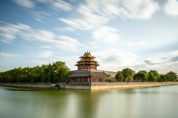 Canvas Print - Long exposure shot of the Forbidden City corner tower in Beijing, China