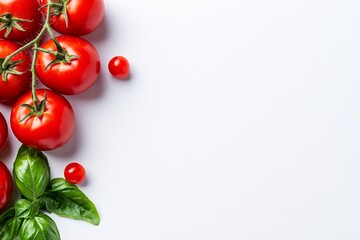 Aufkleber - Red tomatoes with basil leaves isolated on a white background, flat lay, studio lighting, high-resolution photography, insanely detailed, stock photo, professional color grading, award-winning