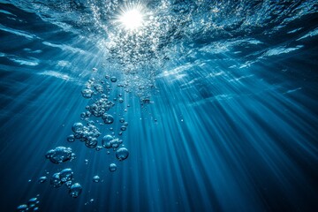 Wall Mural - underwater scene with bubbles and sunlight filtering through water