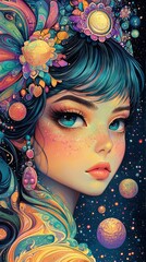 Wall Mural - celestial dream portrait of a mystical woman adorned with cosmic flowers
