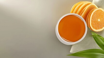 Wall Mural - Freshly poured orange juice in a white bowl with sliced oranges and green leaves in the background