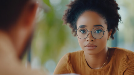 Canvas Print - Professional businesswoman attentively listening during collaborative meeting in sleek corporate workspace