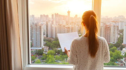 Aufkleber - Professional woman reviewing paperwork near office window, overlooking golden-hued urban skyline during evening light