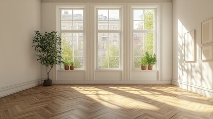 Poster - Sunny, empty room with large windows, city view, potted plants, and hardwood floors