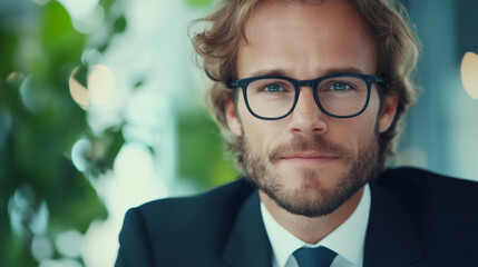 Canvas Print - Portrait of a successful businessman wearing glasses and suit posing in a modern office with plants in the background