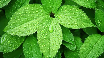 Poster - Dew Drops on Lush Green Leaves Capturing Nature's Vibrancy