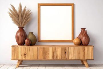 Leinwandbilder - A large, blank wooden frame is hanging on the wall above an elegant oak sideboard with several vases and pampas grass in one corner of it. The room has a modern Scandinavian feel to its design,