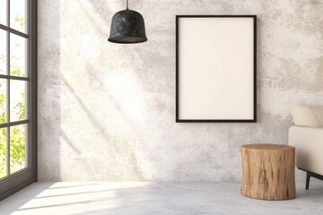 Poster - A minimalist living room with an empty frame on the wall, featuring soft beige and white tones. The space includes marble accents for elegance, large windows allowing natural light to illuminate