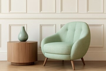 Poster - A photo of a large wall with empty space for a mockup. In the center, there is an elegant light green armchair and a coffee table. The room has a beige, vintage style, with white walls and a