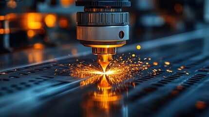 Canvas Print - High-Precision Laser Cutting Process Creating Sparks in an Industrial Workshop Environment