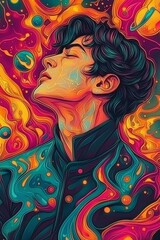 Wall Mural - psychedelic portrait of a man surrounded by cosmic nebulae